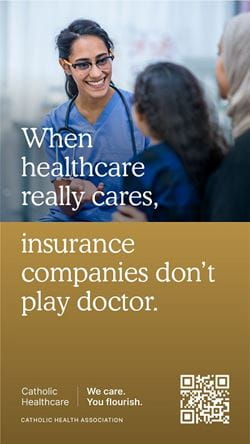 Image of doctors with the text "When healthcare really cares, insurance companies don't play doctor."